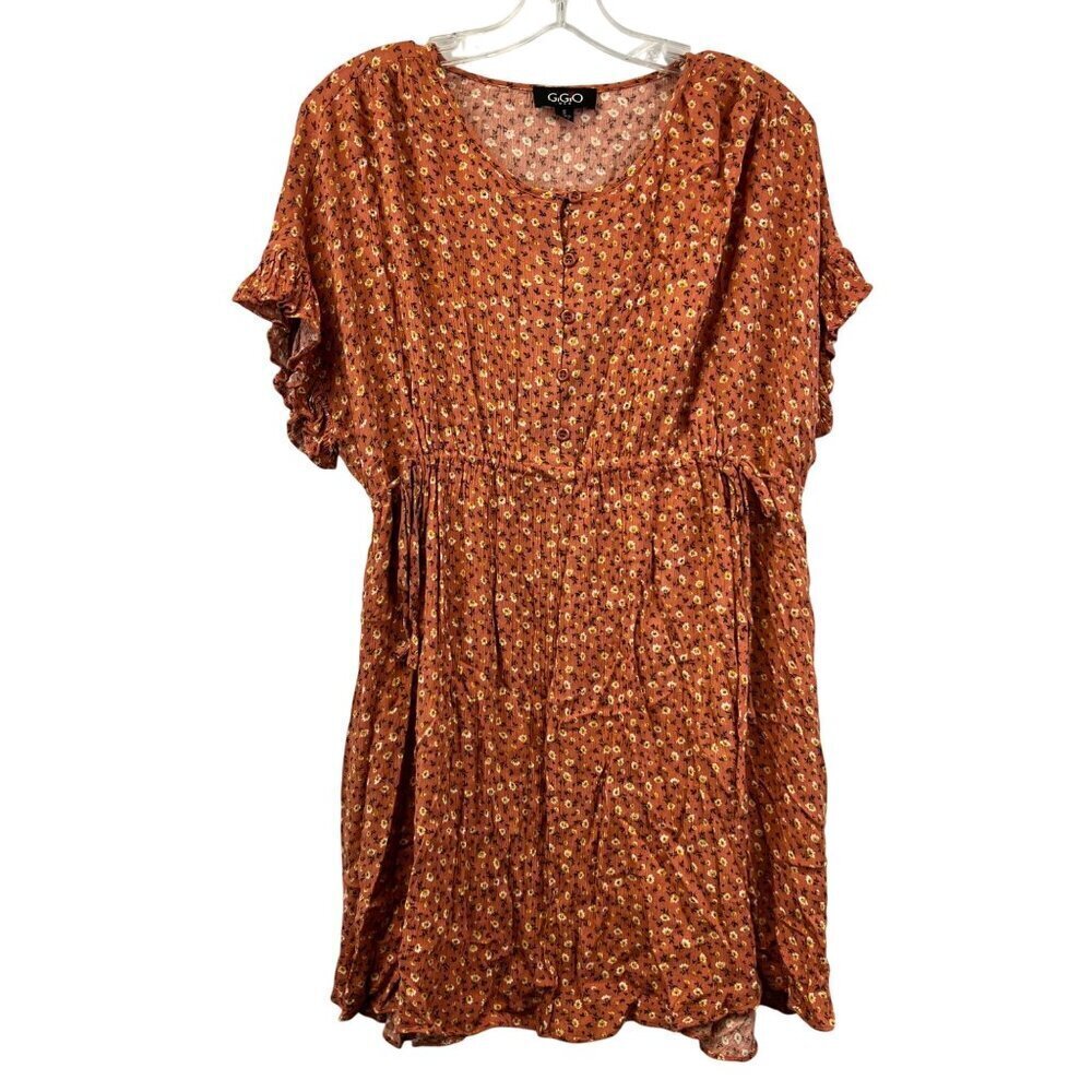 Gigio Womens Floral Mini Dress Short Sleeve Cinched Waist Orange/Multi Small